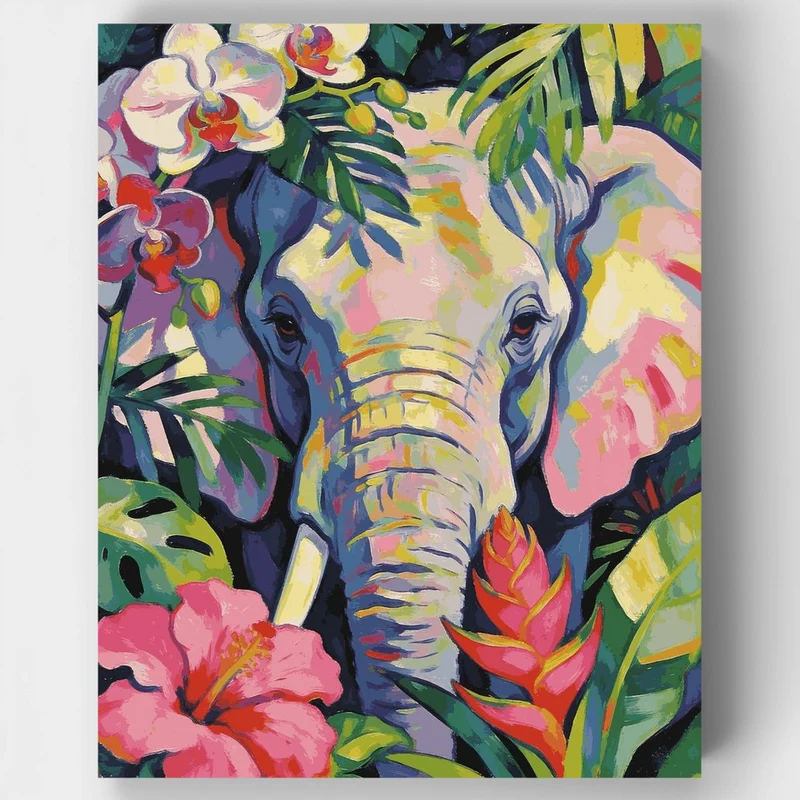 "Colorful Elephant Among Tropical Flowers" Paint by Numbers Kit
