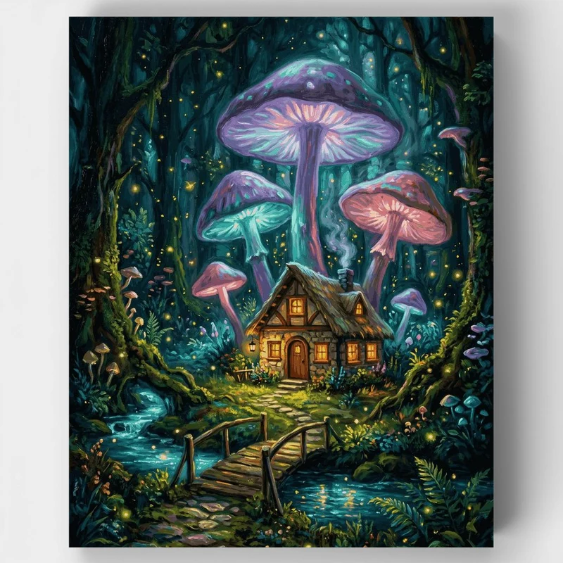 "Glowing Mushroom Cottage in an Enchanted Forest" Paint by Numbers Kit
