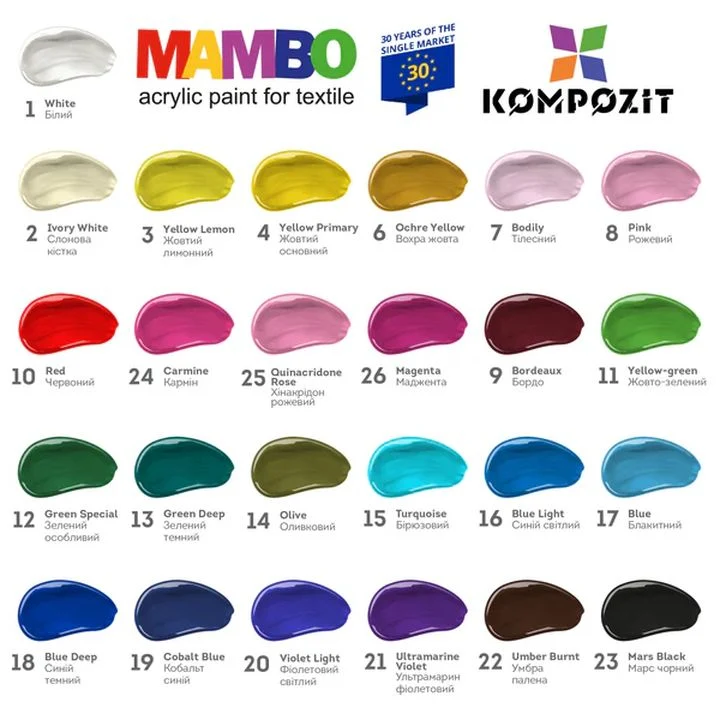 Kompozit MAMBO Fabric and Leather Acrylic Paints Set, 24x50 ml