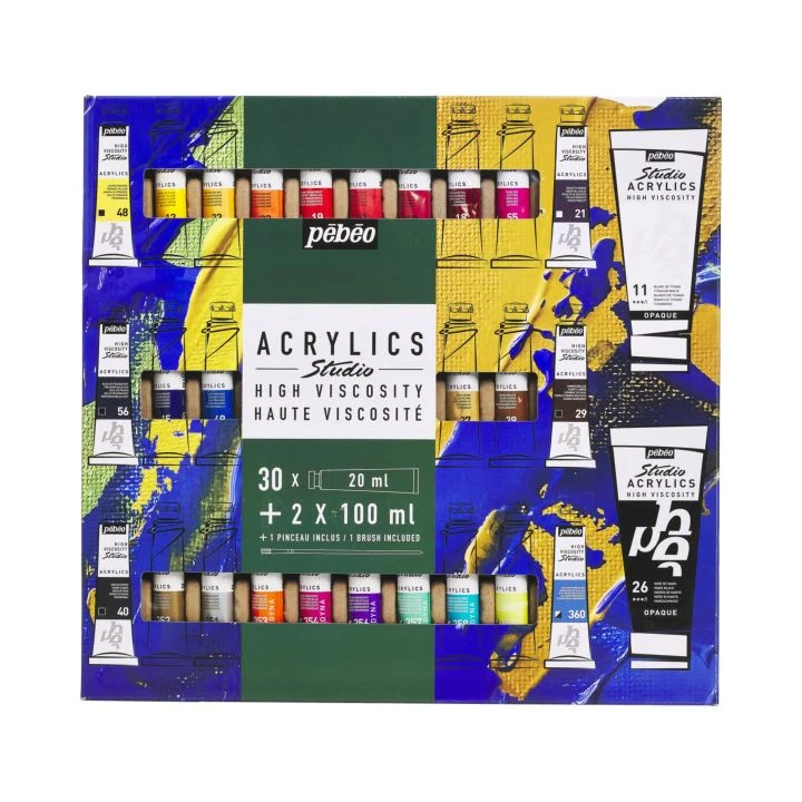 Pebeo Studio Acrylics Acrylic Paint Set, 30 x 20 ml + 2 x 100 ml + 1 Brush