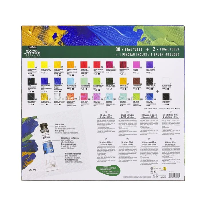 Pebeo Studio Acrylics Acrylic Paint Set, 30 x 20 ml + 2 x 100 ml + 1 Brush