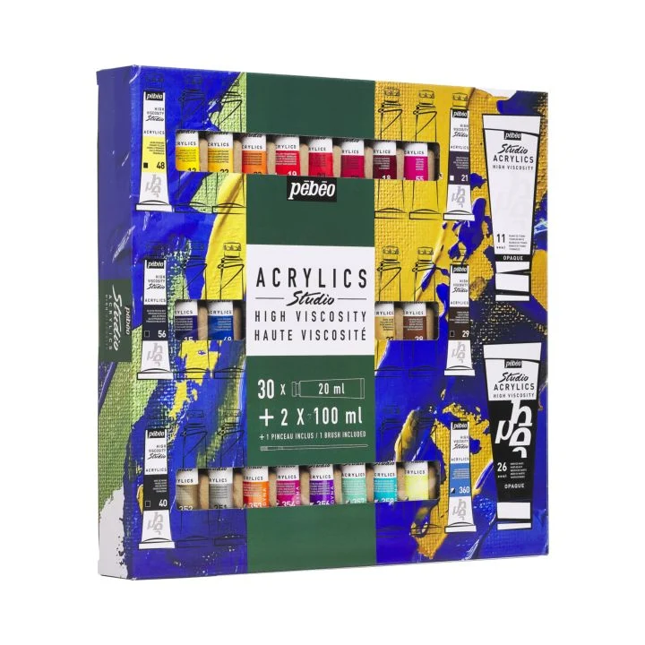 Pebeo Studio Acrylics Acrylic Paint Set, 30 x 20 ml + 2 x 100 ml + 1 Brush