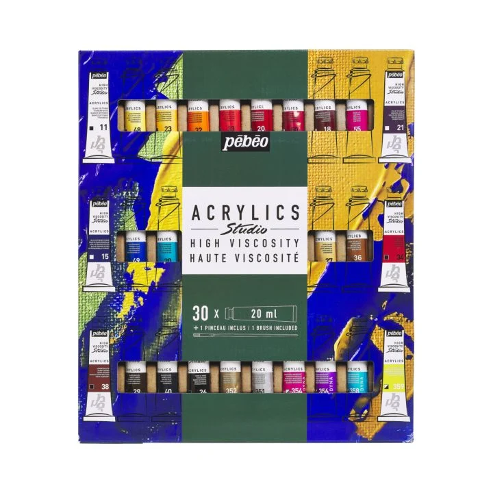 Pebeo Studio Acrylics Set of Acrylic Paints, 30x20 ml + 1 Brush
