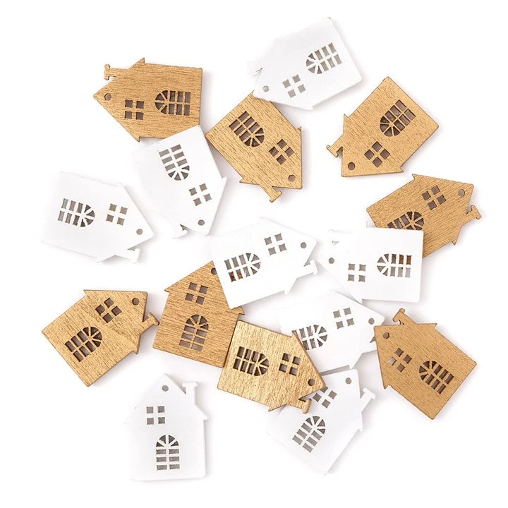 Self-Adhesive Wooden Houses, White and Gold / Set of 16