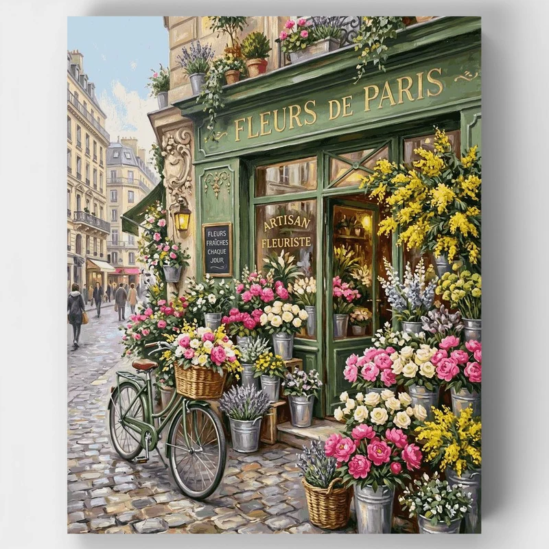 "Paris Flower Shop with Vintage Bicycle" Paint by Numbers Kit
