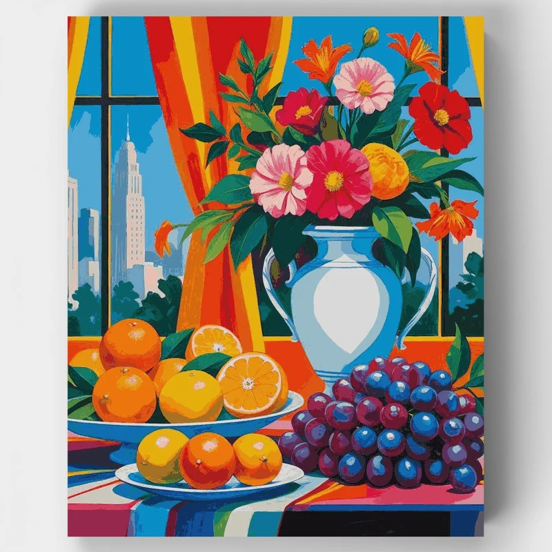 City Window Still Life with Flowers and Fruits - Paint by Numbers Kit