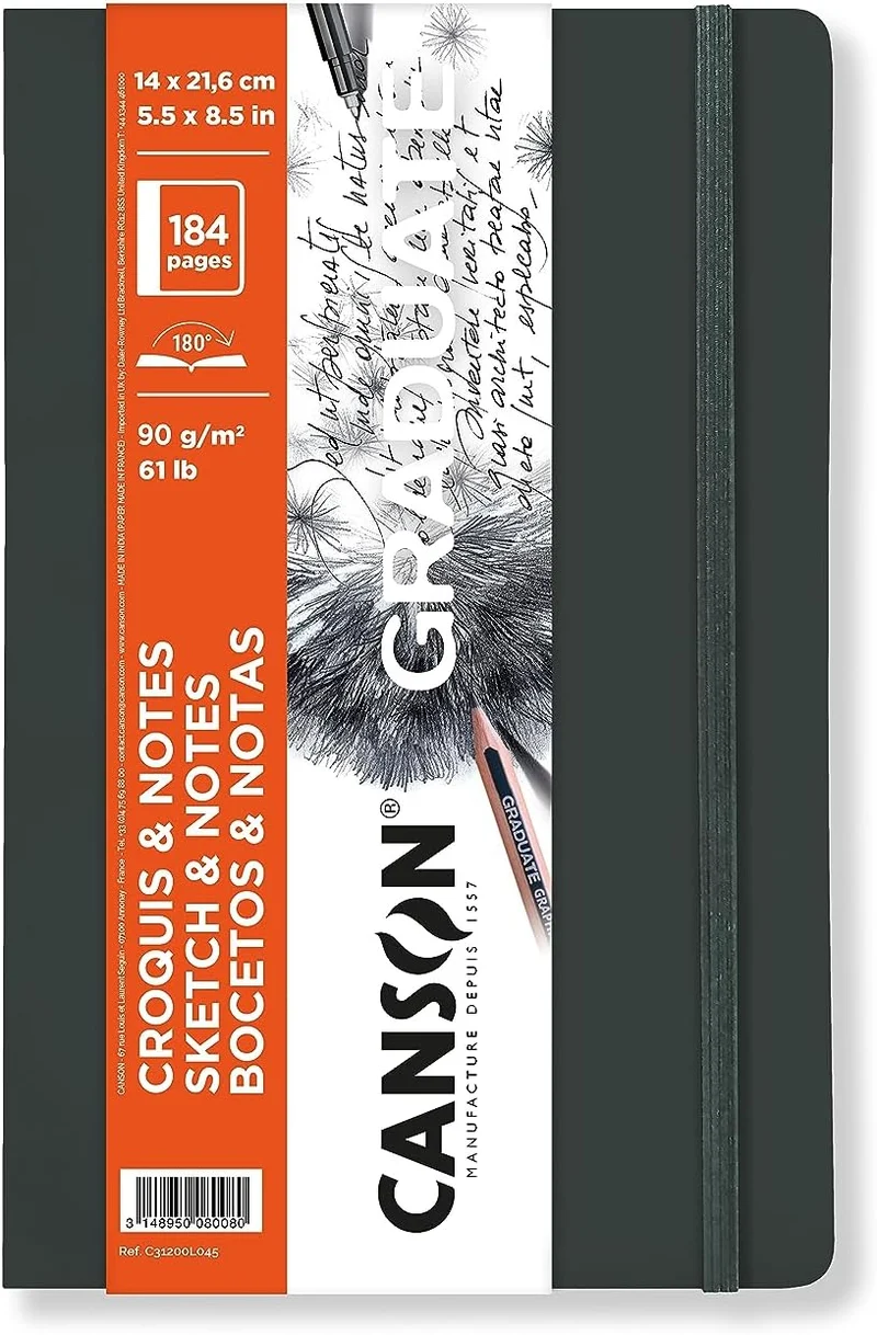 Скицник Canson Graduate Art Book 90 g/m², 184 листа – 14 x 21.6 cm, меки корици, тъмносив