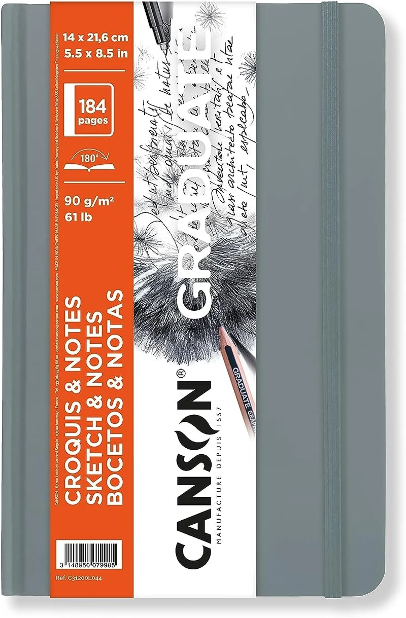 Μπλοκ σχεδίου με σκληρό εξώφυλλο CANSON Graduate Art Book 90 g/m² – 184 φύλλα, 14 x 21,6 cm, ανοιχτό γκρι