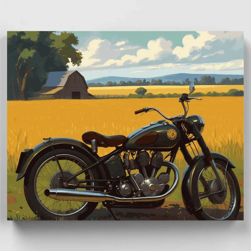 Vintage Motorcycle in Golden Field - Paint by Numbers Kit