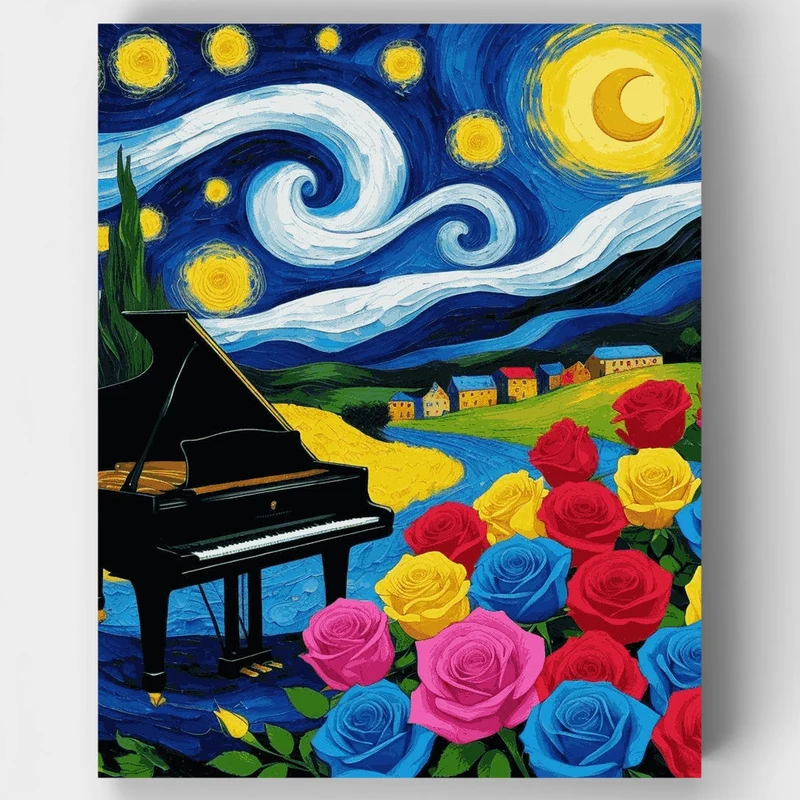 Starry Night Piano and Roses - Paint by Numbers Kit
