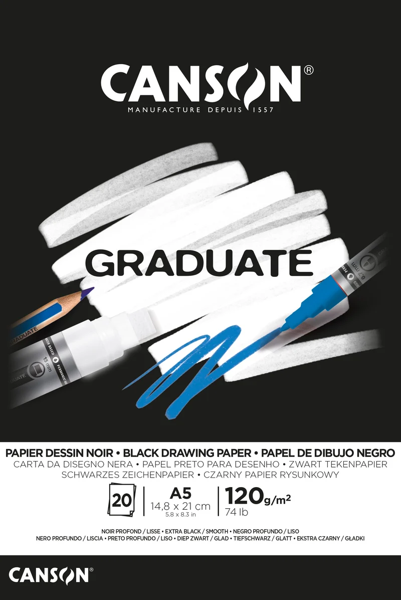 CANSON Graduate blocco da disegno nero 120 g/m² 20 fg A5 incollato