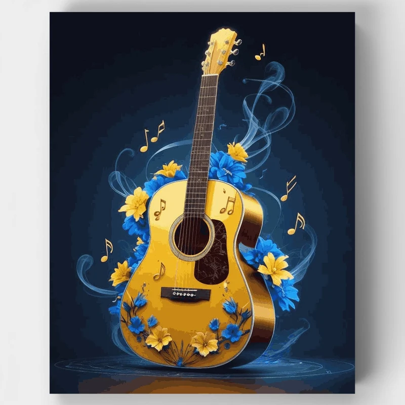 Melodic Guitar with Blue and Yellow Flowers - Paint by Numbers Kit