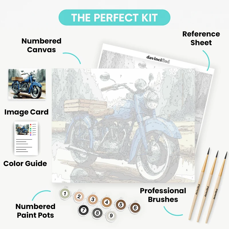 Classic Blue Motorcycle in Pine Forest - Paint by Numbers Kit