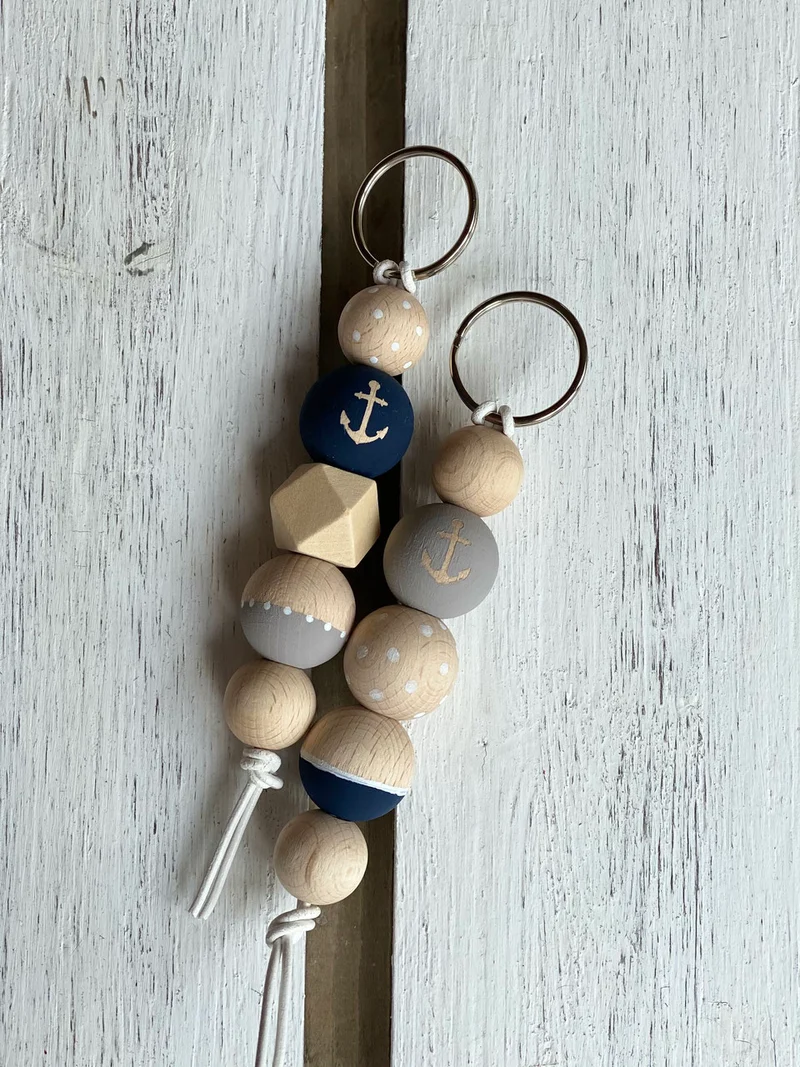 DIY Kreativset Holzkugel-Anhänger „Anker“ – Blau, Grau & Weiß – Schlüsselanhänger & Deko selbst gestalten (4 oder 10 Stück)