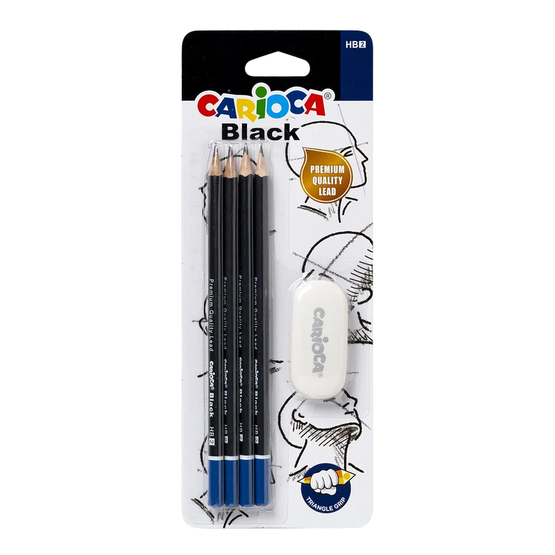 Carioca súprava trojhranných ceruziek Black 2/HB s gumou, 4 ks