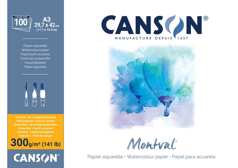 Акварелен блок CANSON Montval CP 300 g/m² – A3, 100 листа, лепен