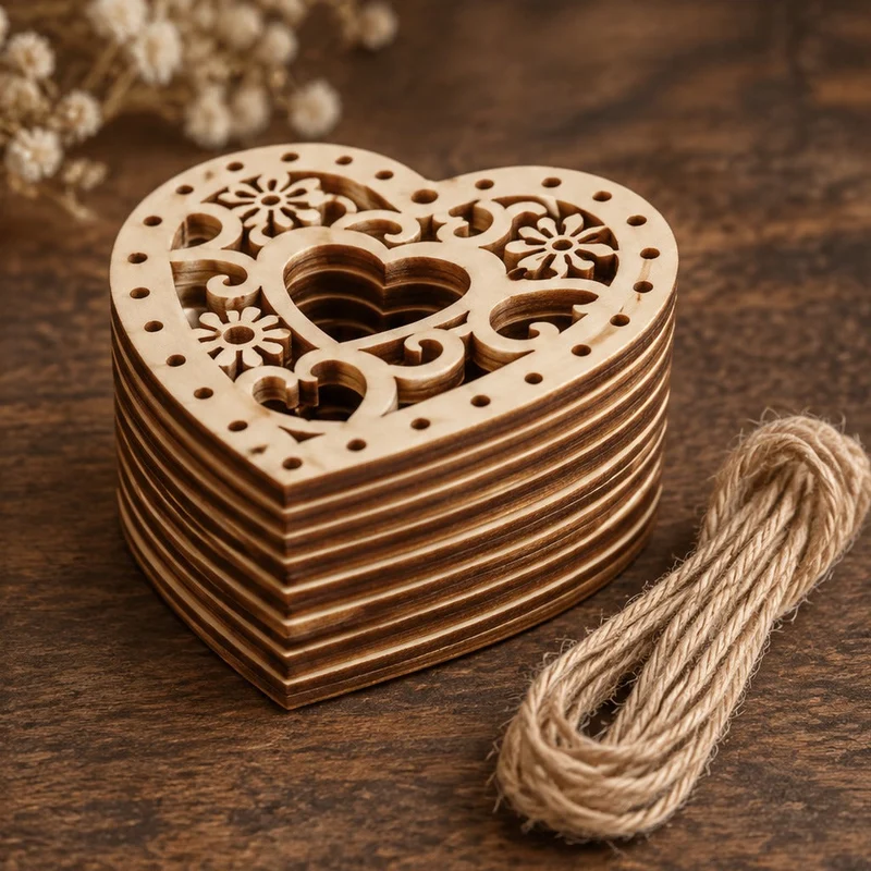 Drevené výrezy srdiečko s ornamentom 5 x 5 cm - sada 5 ks