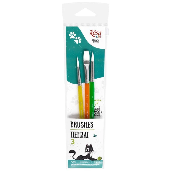 ROSA Kids Set of 3 Synthetic Brushes | Round No. 6, 8, Flat No. 10