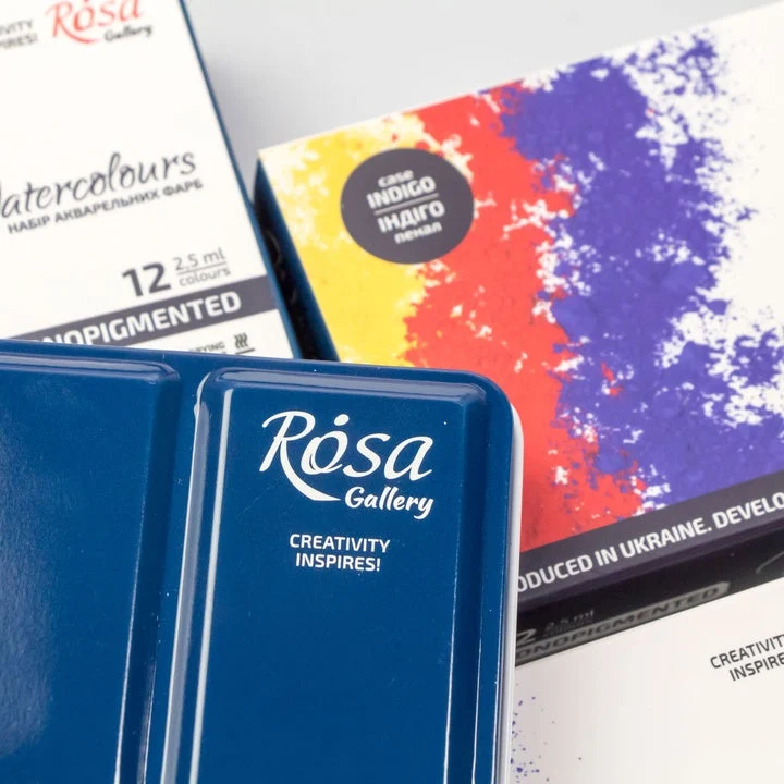ROSA GALLERY Watercolor Set "Monopigmented", Metal Case, Indigo, 12 Colors, Full Pans