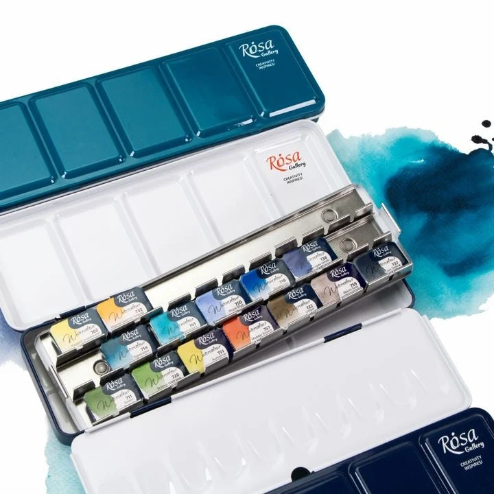 ROSA GALLERY Watercolor Paint Case, Metallic, Turquoise, 21 Pans