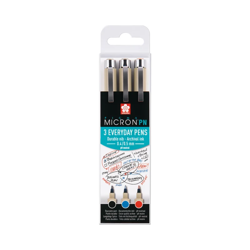Set tehničnih pisal SAKURA Pigma Micron PN – 3 kosi (črna, modra, rdeča)
