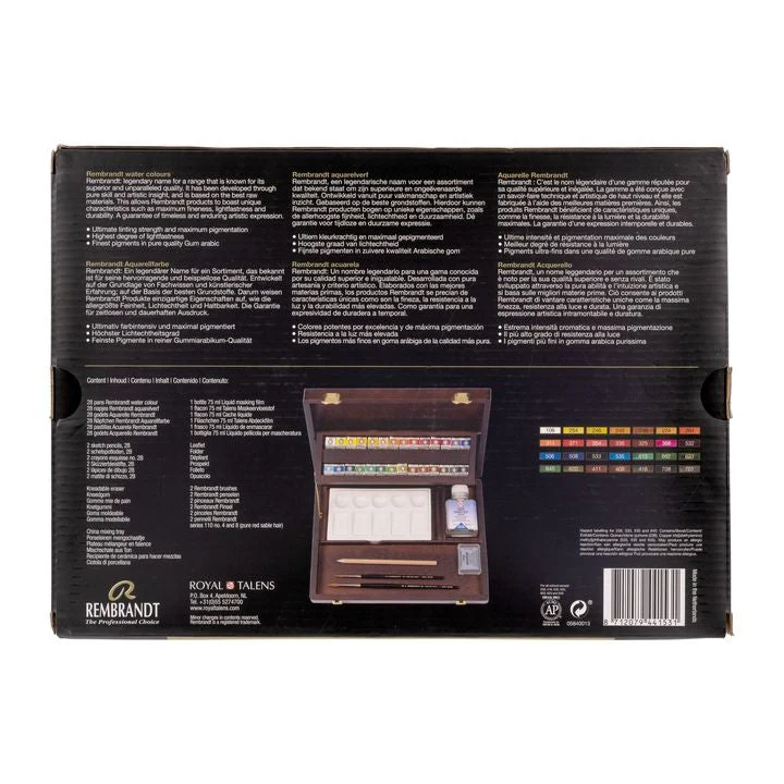 Rembrandt Professional Wooden Watercolor Paint Case, 28 Pans and Accessories