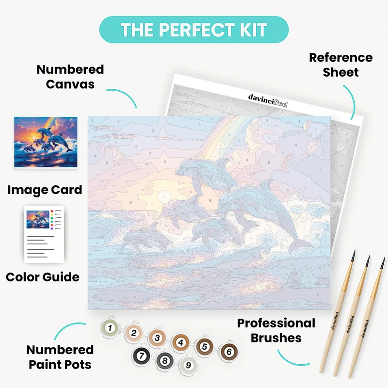 Dolphins Leaping at Sunset Rainbow - Paint by Numbers Kit