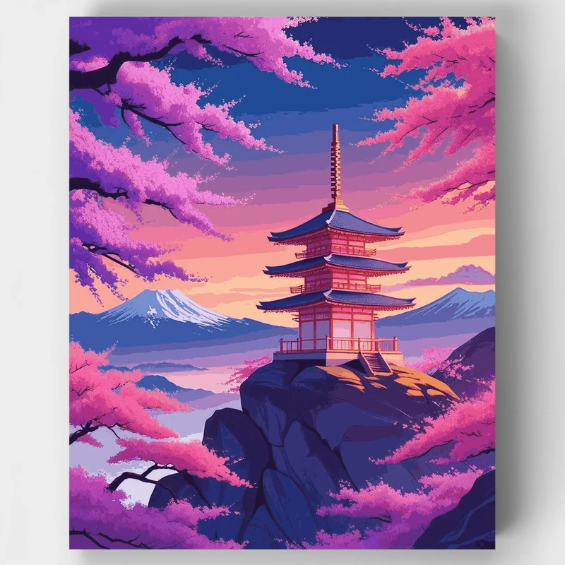 Japanese Pagoda at Cherry Blossom Sunset - Paint by Numbers Kit