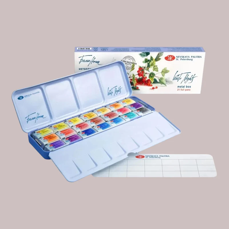 Nevskaya Palitra White Nights™ Aquarellfarbe Set Bazanova im Metallkasten 21 x 2,5 ml Näpfchen