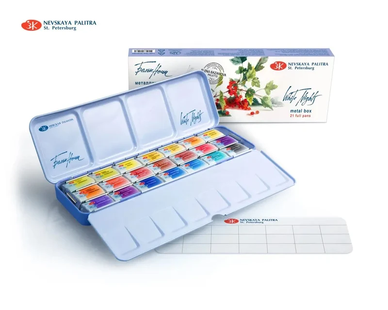 Nevskaya Palitra White Nights™ Aquarellfarbe Set Bazanova im Metallkasten 21 x 2,5 ml Näpfchen