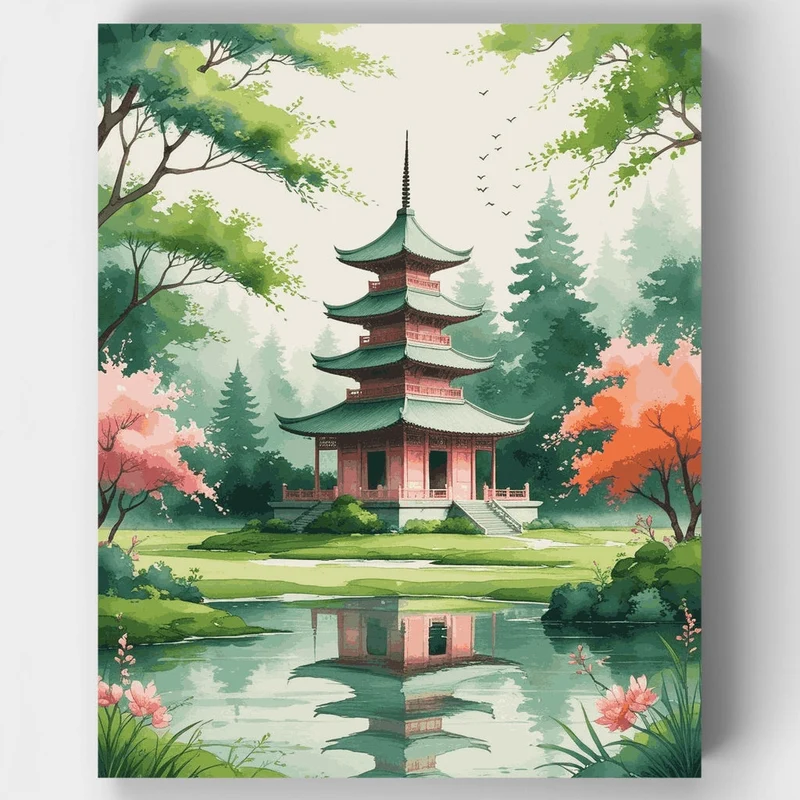 Serene Pagoda Garden Reflection - Paint by Numbers Kit