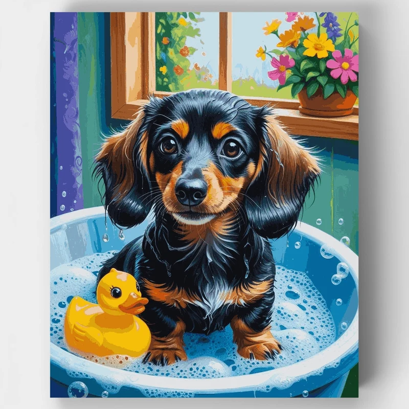 Dachshund Puppy Bath Time with Rubber Duck - Paint by Numbers Kit