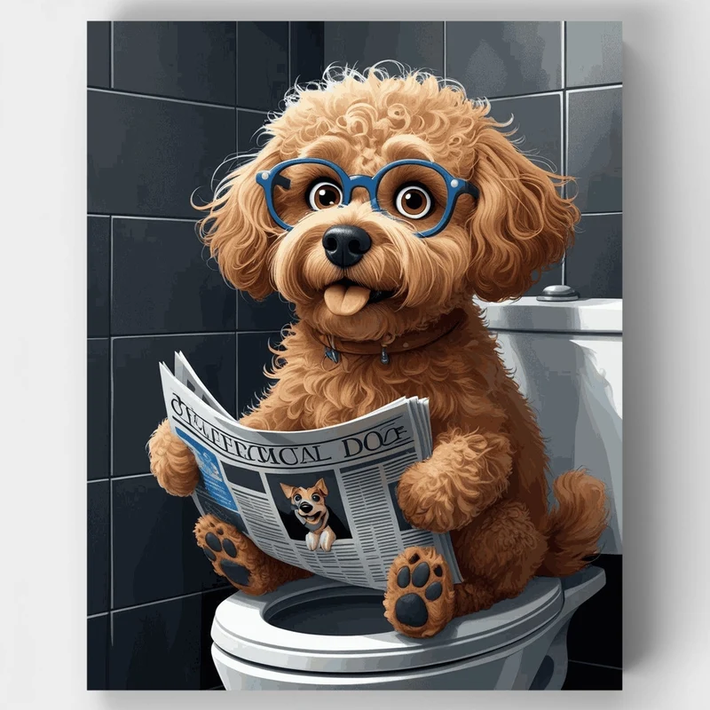 Funny Poodle Reading Newspaper on Toilet - Paint by Numbers Kit