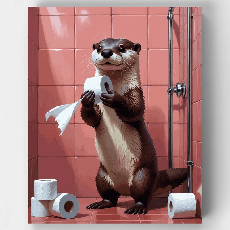 Otter with Toilet Paper in Pink Bathroom - Paint by Numbers Kit