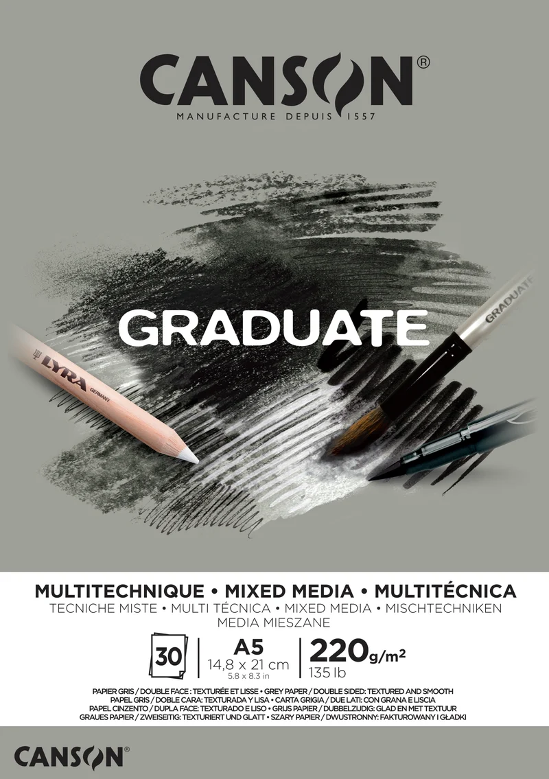 CANSON Graduate Mix Media blocco grigio 220 g A5 - 30 fogli incollato