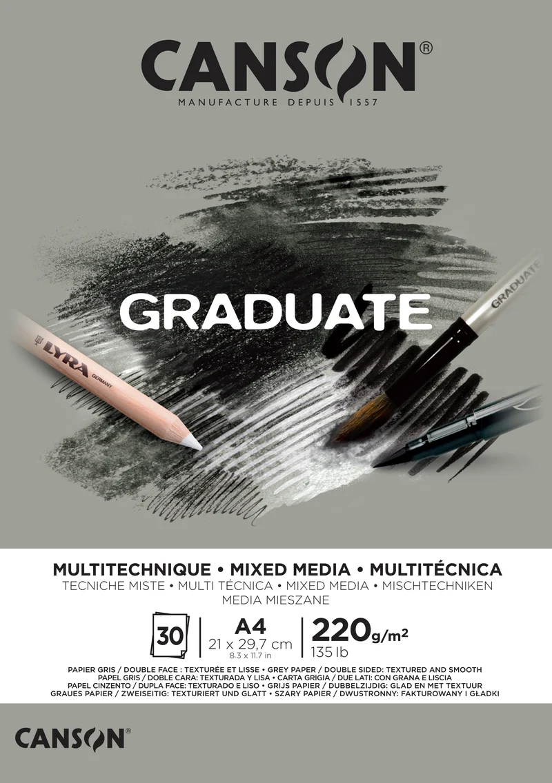 Canson Graduate Mix Media blok Grey 220 g/m² - 30 listov, A4, lepljen