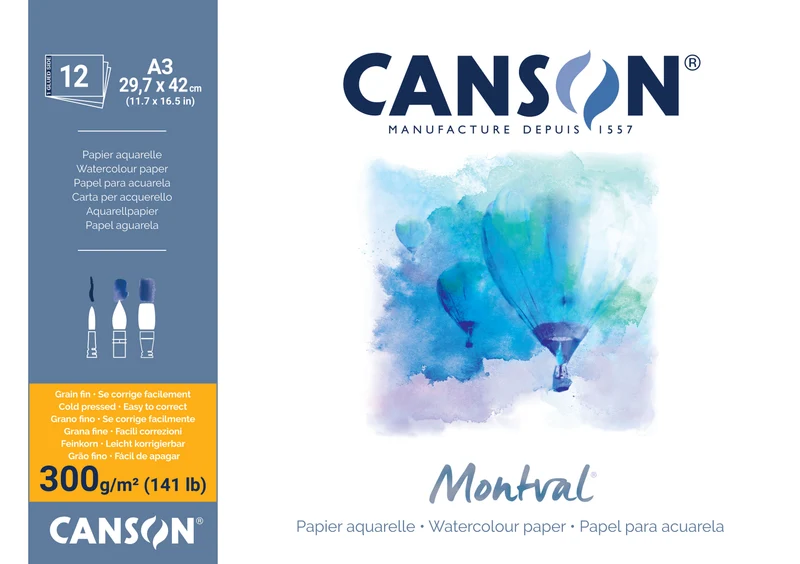 Canson Montval μπλοκ ακουαρέλας CP 300 g 12φ A3 κολλητό