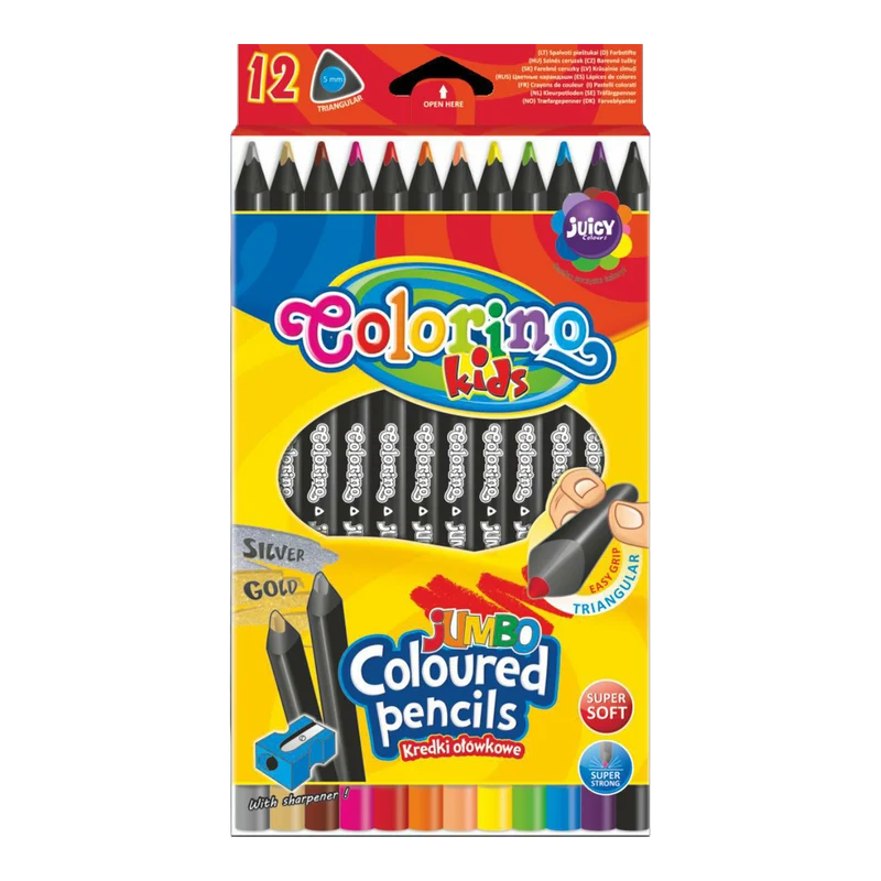 Триъгълни JUMBO цветни моливи Colorino от черно дърво с острилка - 12 цвята