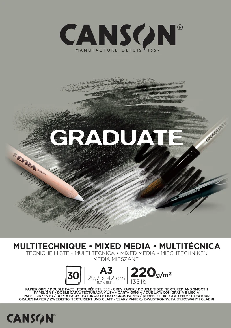 Lijepljeni blok za mix media CANSON Graduate sivi A3, 220 g/m², 30 listova