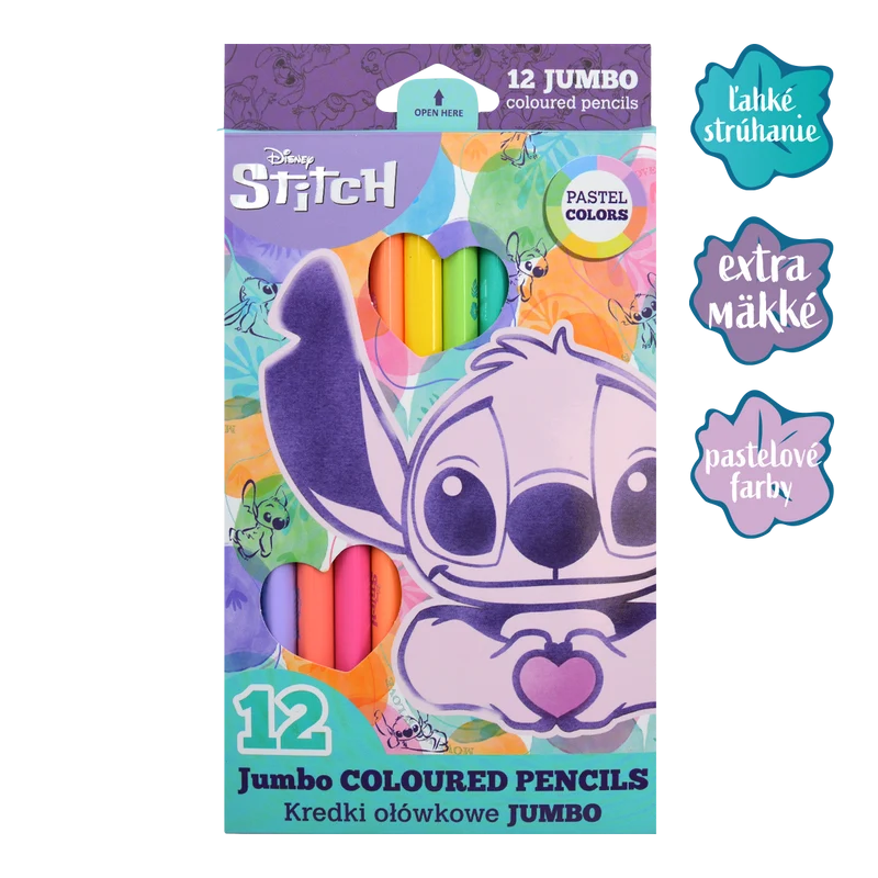 Matite colorate triangolari Colorino JUMBO Stitch Pastel, 12 colori pastello