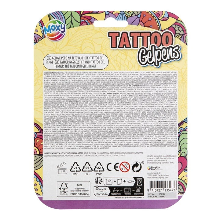 Metallic Tattoo Gel Pens, Set of 4 + Stencils