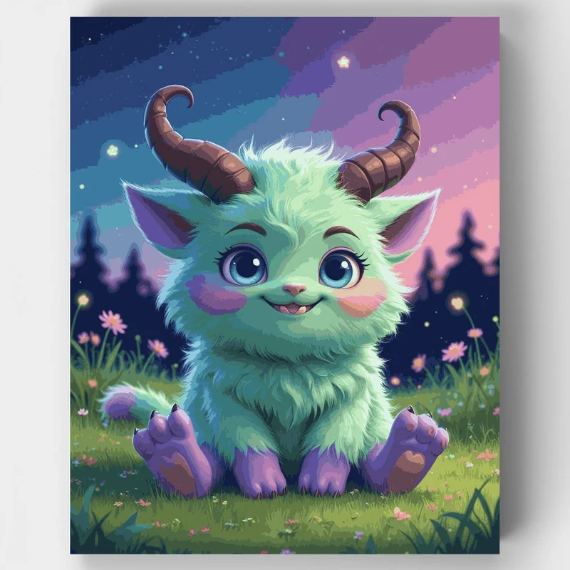 Cute Fantasy Monster in Magical Meadow - Paint by Numbers Kit