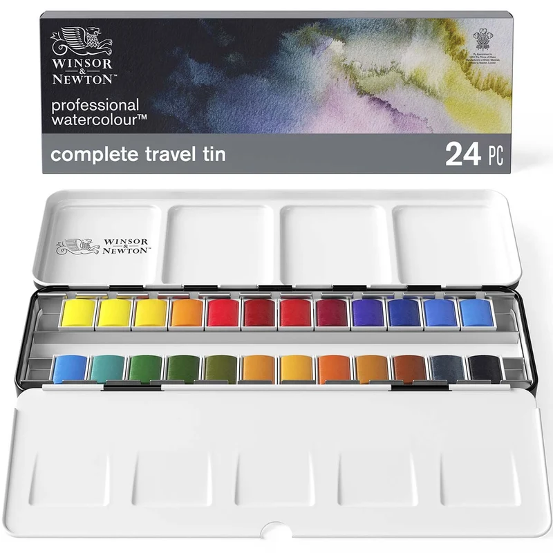 Winsor and Newton - Professional Artists' Watercolour - Lightweight Metal Box (24 Half Pans)
