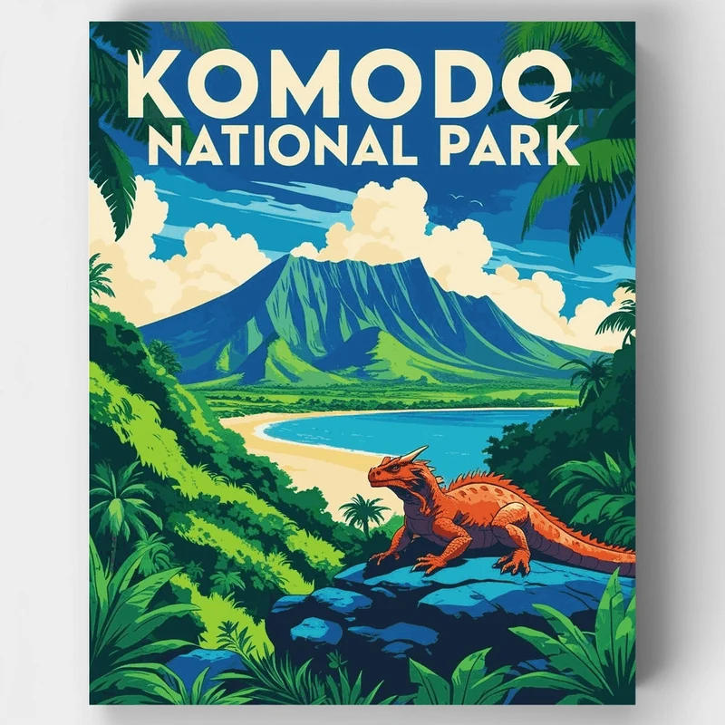 Komodo National Park Orange Dragon Tropical Bay Vista - Paint by Numbers Kit
