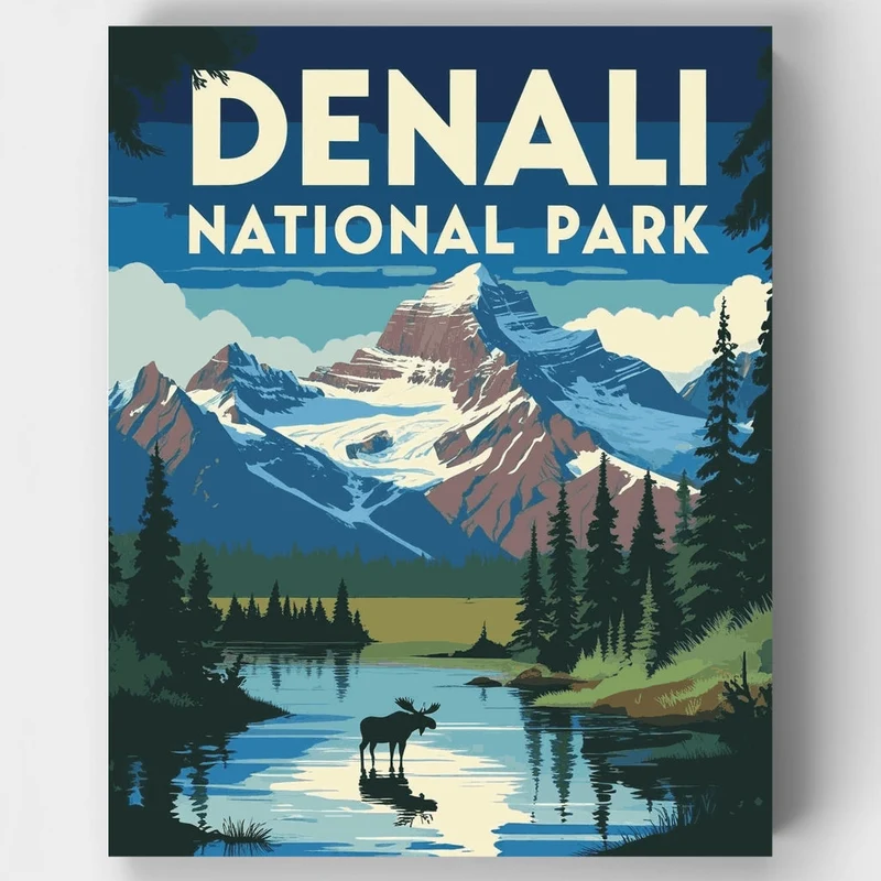 Denali National Park Moose by the Mountain Lake - Paint by Numbers Kit