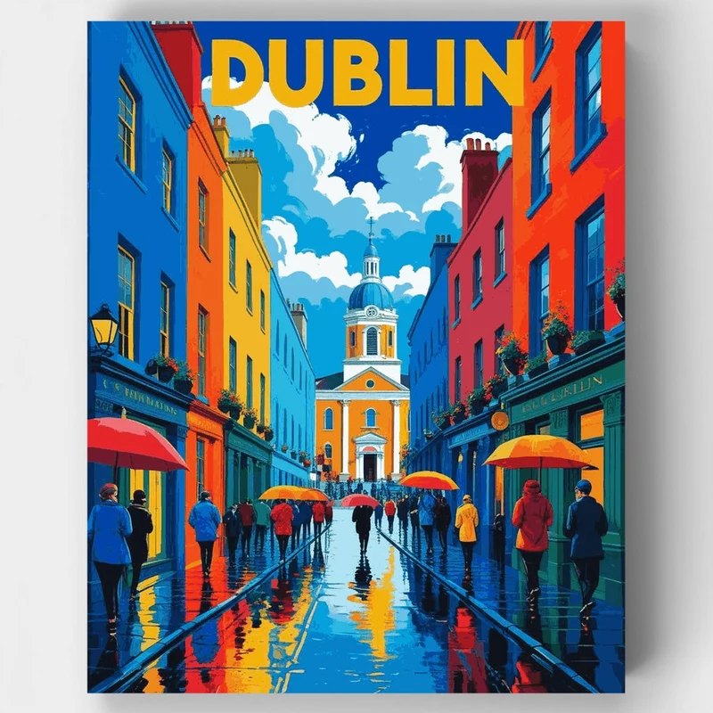 Dublin Rainy Street Travel Poster - Paint by Numbers Kit
