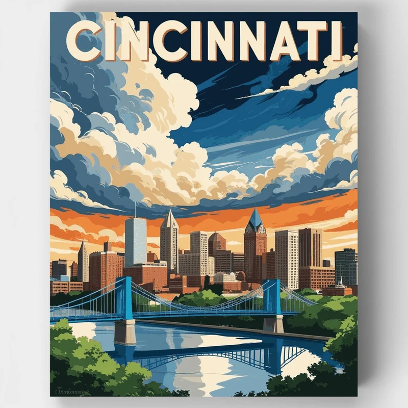 Cincinnati Retro City Poster - Paint by Numbers Kit