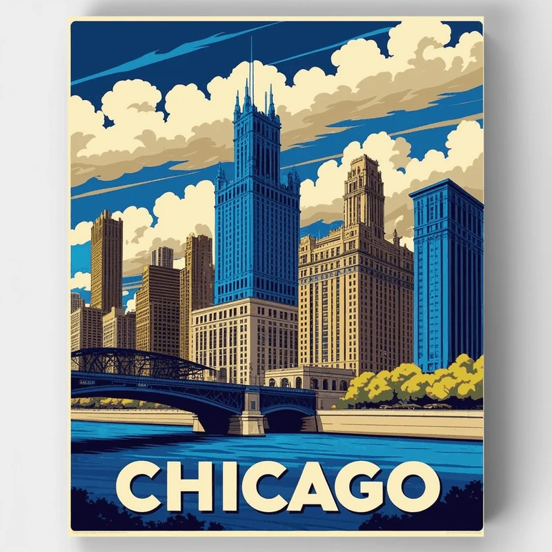 Chicago Skyline Vintage Travel Poster - Paint by Numbers Kit