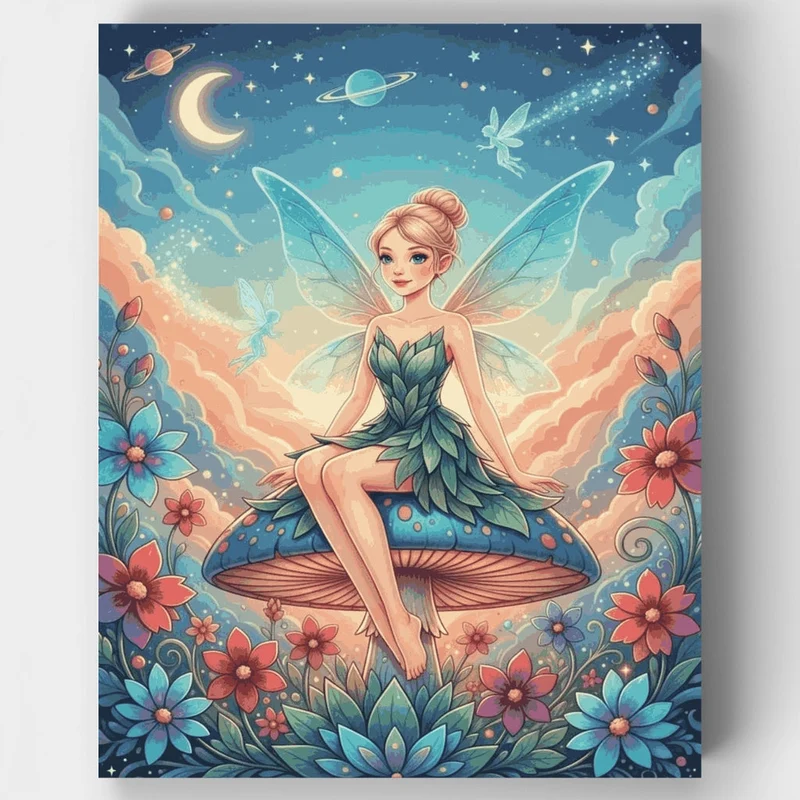 Fairy on Mushroom in Enchanted Sky - Paint by Numbers Kit