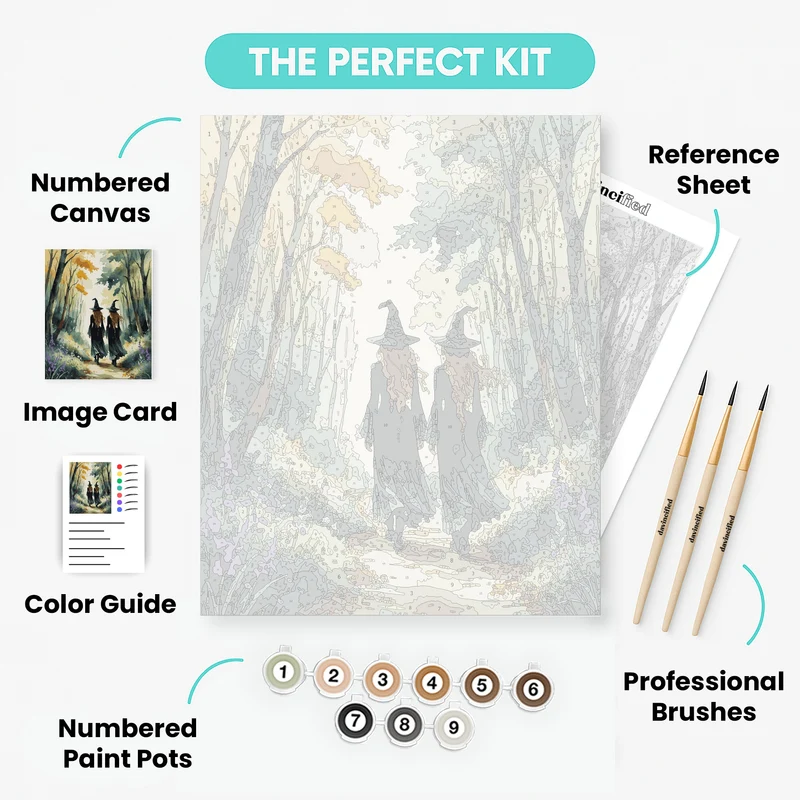 Two Witches Walking Through an Enchanted Forest - Paint by Numbers Kit